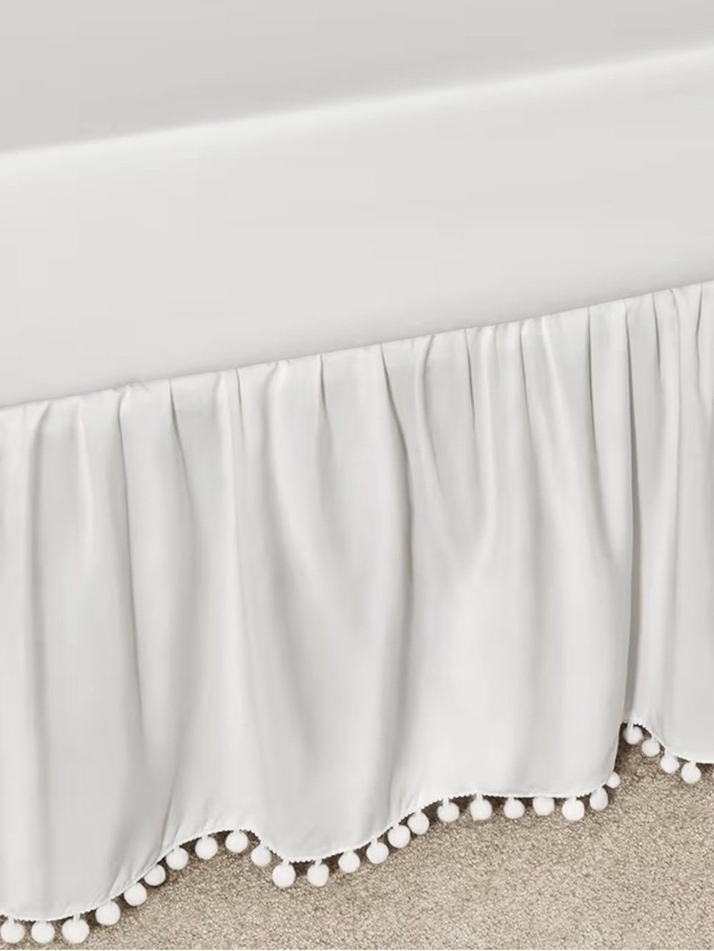 Ruffled Crib Bed Skirt with Pompoms, 28”x 52”, 14'' Drop, White